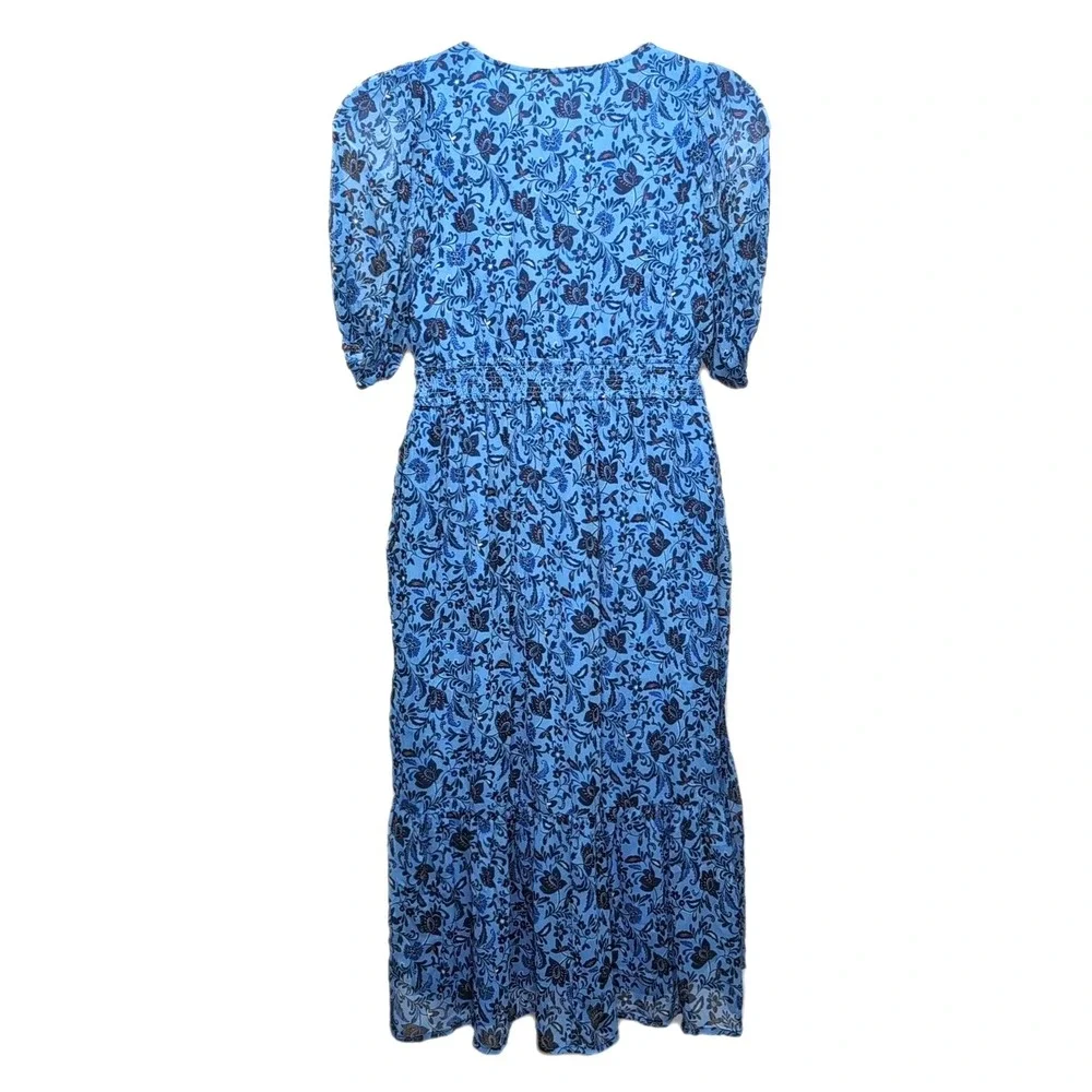 Old Navy Smocked Midi Dress Womens L Blue Floral Sheer Short Sleeve Boho Cottage